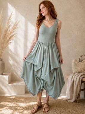 Luna Luz Sage Green Bubble Hem Dress Size Large Boho Fairycore Tie-Up Skirt